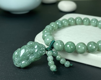 Real Jade Pixiu Bracelet, Green Jade Beaded with Lucky Carving Piyao Charm, Jadeite Bead Wristband, Chinese Feicui Jewelry, Women Lady Gift
