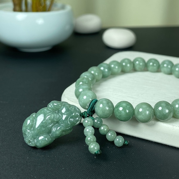 Bracelet Jade Pixiu, Jade vert perlé avec charme Piyao sculpté chanceux, bracelet en jadéite naturelle, bijoux Feicui chinois vintage, femme dame