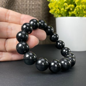 Real Jade Bracelet Man, Black Jade Beads Bracelet Bangle,  Chinese Feicui Wristband, Big Jadeite Beaded Jewelry, Elastic Size, Unisex Women