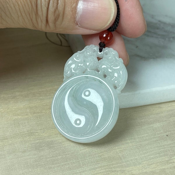 Real Icy White Jade Pixiu Yin Yang Bagua Pendant, Grade A Jadeite Transparent Carving Charm, Chinese Traditional Jewelry Necklace, Men Women