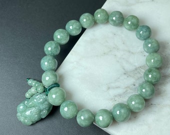Pixiu Bracelet, Real Green Jade Beaded with Lucky Carving Piyao Charm, Natural Jadeite Wristband, Chinese Feicui Jewelry, Men Father Grandpa