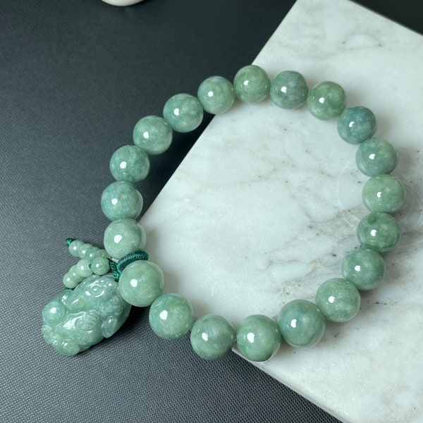 Bracelet Pixiu, perles de jade vert véritable avec breloque piyao sculpté porte-bonheur, bracelet en jadéite naturelle, bijoux Feicui chinois vintage, père pour homme