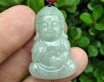 Genuine Icy Jade Cute Buddha Guanyin Pendant, Grade A Jadeite, Green Charm Handcrafted Buddha Guanyin Necklace, Blessing Calm Men Women Gift