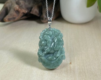 Year of the Pig Pendant, Jade Pig Necklace Jewelry,  Chinese Zodiac Carving Piglet Lucky Charm, Lunar New Year Gift, Silver Chain, Man Woman