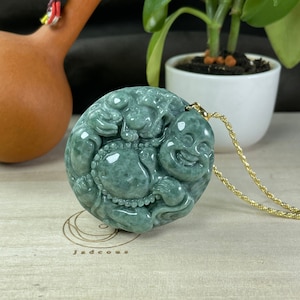 Jade Buddha Pendant Necklace, Happy Buddha Feicui Gold Jewelry, Big Carve Smiling Buddha Statue Lucky Charm Jadeite Chinese Gift, Women Men