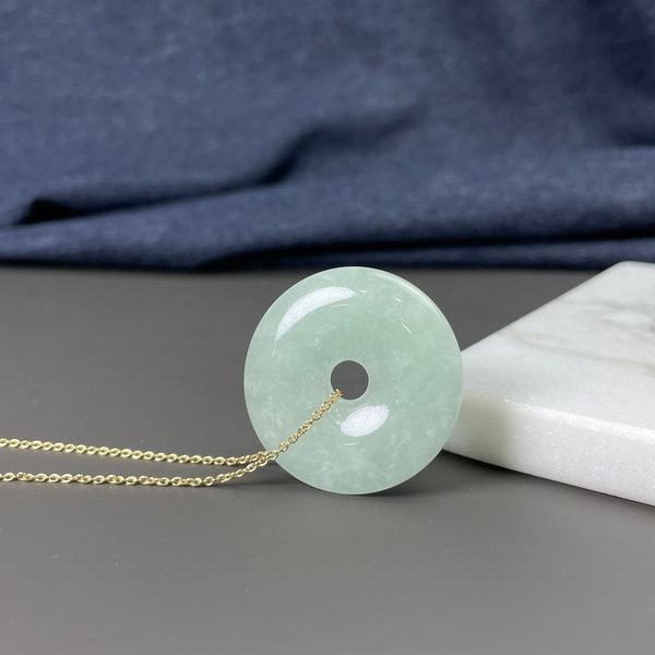 Jade Donut Charm Necklace, Icy Pale Green Round Disc Bi Pi Amulet Pendant, Gemstone Jadeite Jewelry Gift Idea, Transparent Feicui, Women Men