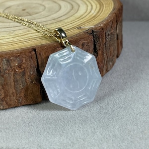 Real Jade Bagua Gold Necklace Pendant, Icy White Jadeite Yin Yang Ba Gua Charm, Feicui Tai Chi Gold Jewelry, Taoist Amulet, Women Lucky Gift