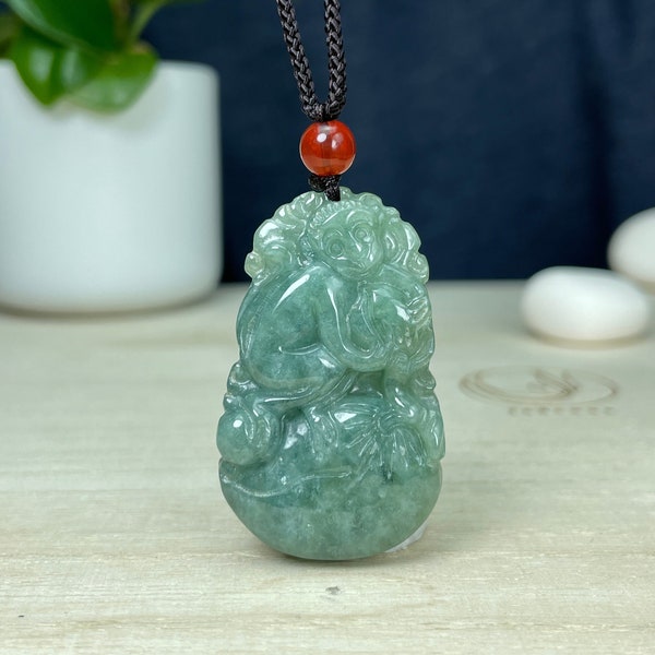 Real Green Jade Monkey Necklace, Chinese Zodiac Year of Monkey Pendant Charm, Personalized Engraved Named Tag Jadeite Jewelry Gift Men Women