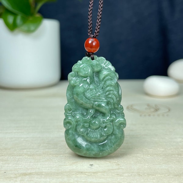 Pendentif à breloques poulet coq en jade vert véritable, collier de l'année du coq du zodiaque chinois, cadeau de bijoux en jadéite gravé personnalisé hommes femmes