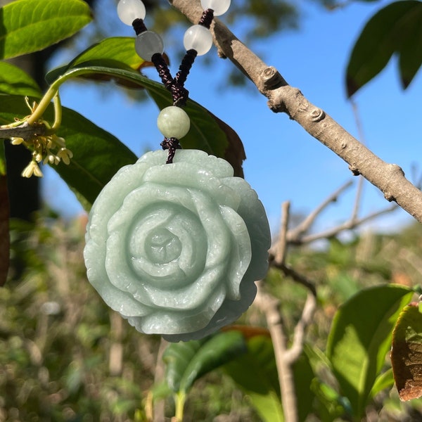 Real Jade Flower Rose Necklace, Light Green Plant Floral Pendant Charm, Cute Lucky Stone Type A Jadeite Carving Jewelry Gift, Women Girl