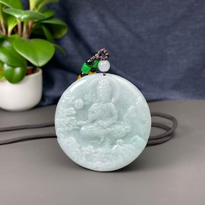 Jade Guanyin Necklace, Real Jadeite Mountain Rivers Guan Yin Charm Pendant, Chinese Carving Protection Tag, Buddhism Jewelry Gift, Women Men