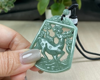 Groene jade herten ketting, jade hanger vrouwen, detail carving
