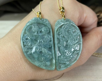 Natural Jade Dragon Phoenix Charm Necklace: 925 Silver Couple Pendant Set, Gold plated