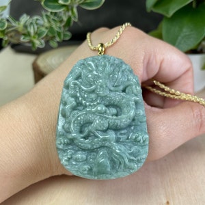 Jade drakenketting, groene jade jaar van de draak hanger standbeeld bedel, Chinees maannieuwjaar gelukscadeau, jade gouden sieraden man vrouw