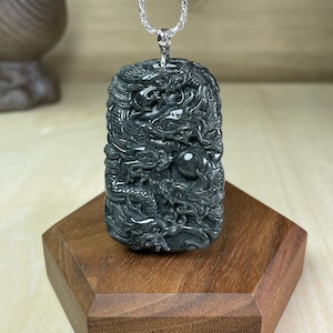 Genuine Black Jade Dragon Necklace, Year of Dragon 2024 Carving Jade Pendant, Lucky Charm Silver Jewelry, Gift for Him Men, Lunar New Year