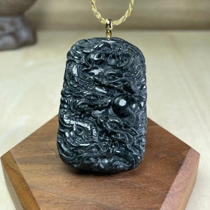 Real Black Jade Dragon Necklace, Year of Dragon 2024, Carving Jade Pendant, Lucky Charm Gold Chain Jewelry, Gift for Him Men, Lunar New Year