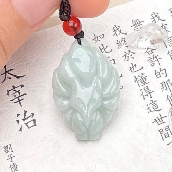 Jade Fox Pendant Necklace, Authentic Carve Kitsune White Jadeite Charm Jewelry, Genuine Chinese Feicui Nine Tailed Fox Protection, Woman Man