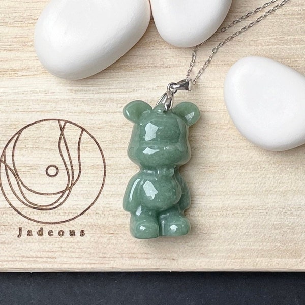 Collier ours en jade vert véritable, breloque pendentif animal mignon, bijoux de sculpture en jadéite de type A vintage Chine, chaîne en argent 925 pour femmes