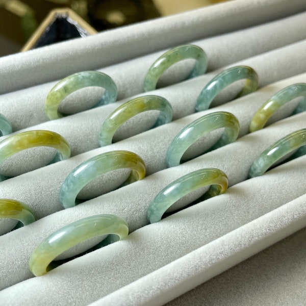 Real Icy Green Jade Stack Ring Band, Chinese Vintage Accessories for Blessing, Fine Polish Grade A Jadeite US Size 7 8 9  Men Women Gift