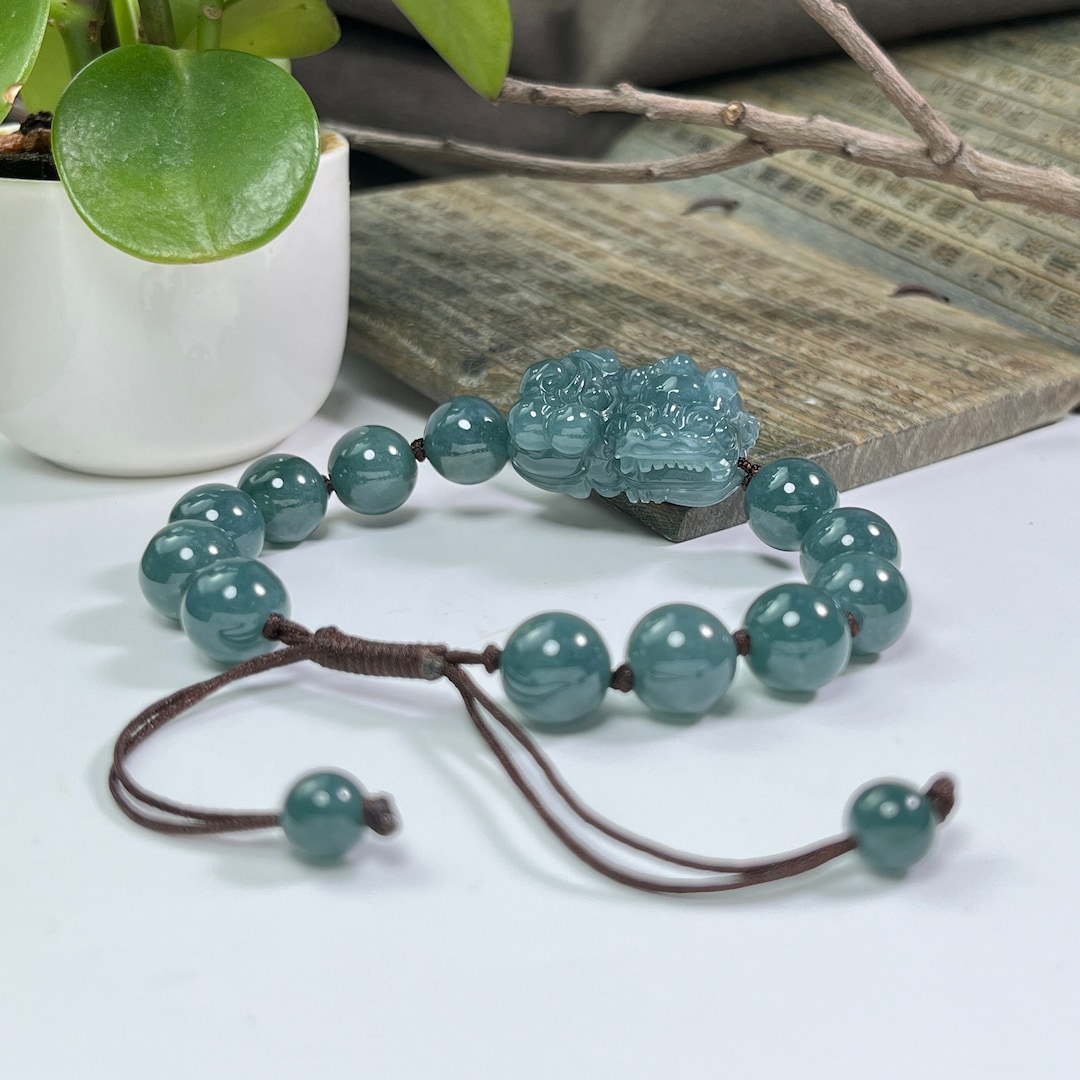 Green Jade Pixiu Wealth Bracelet – Natural Stone Beads – Stretch – Men Women – Handmade USA