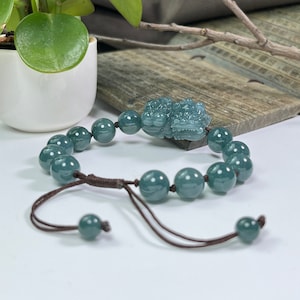 Jade Pixiu Bracelet, Quality Icy Green Bead Jade Bracelet Bangle, Chinese Braid Adjustable Wristband, Lucky Jade Jewelry, Men Women Gift