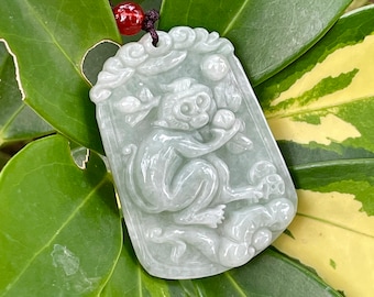 Real White Jade Monkey Pendant, Chinese Zodiac Year of Monkey Necklace, Personalized Engraved Named Charm, Jadeite Jewelry Gift Men Women