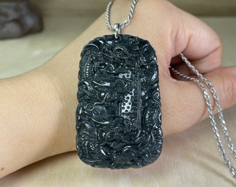 本物の黒翡翠龍ネックレス、龍年2024彫刻翡翠ペンダント、幸運のお守り