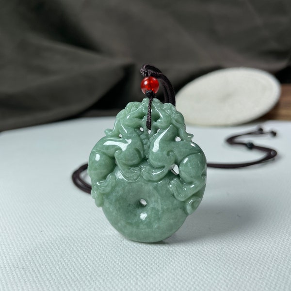 Collier Pixiu en jade vert véritable, pendentif vintage chinois Piyao, breloque donut cercle en jadéite de qualité A, cadeau porte-bonheur protection homme femme