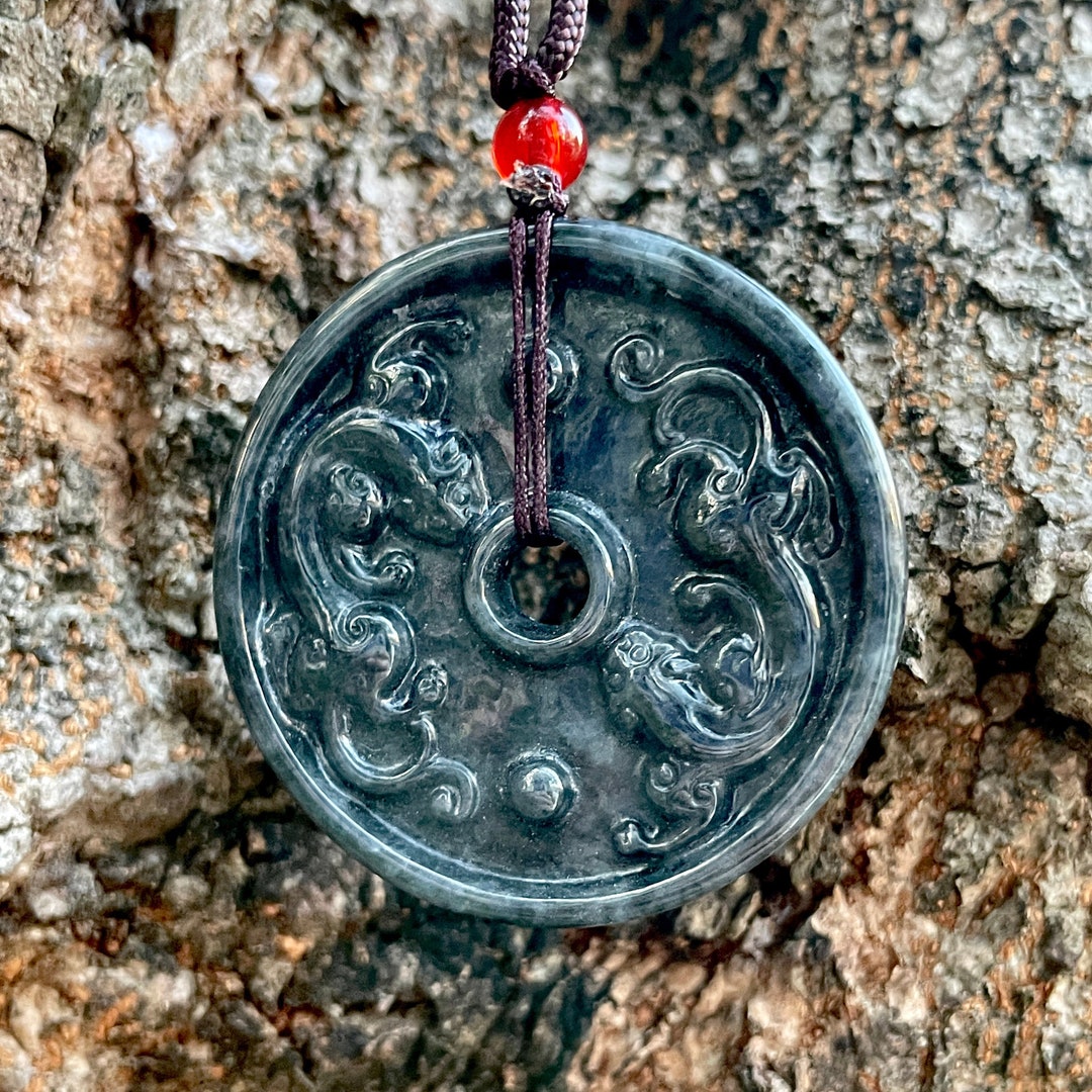 Authentic Black Jade Dragon Pendant, Jade Donut Ruyi Charm Amulet