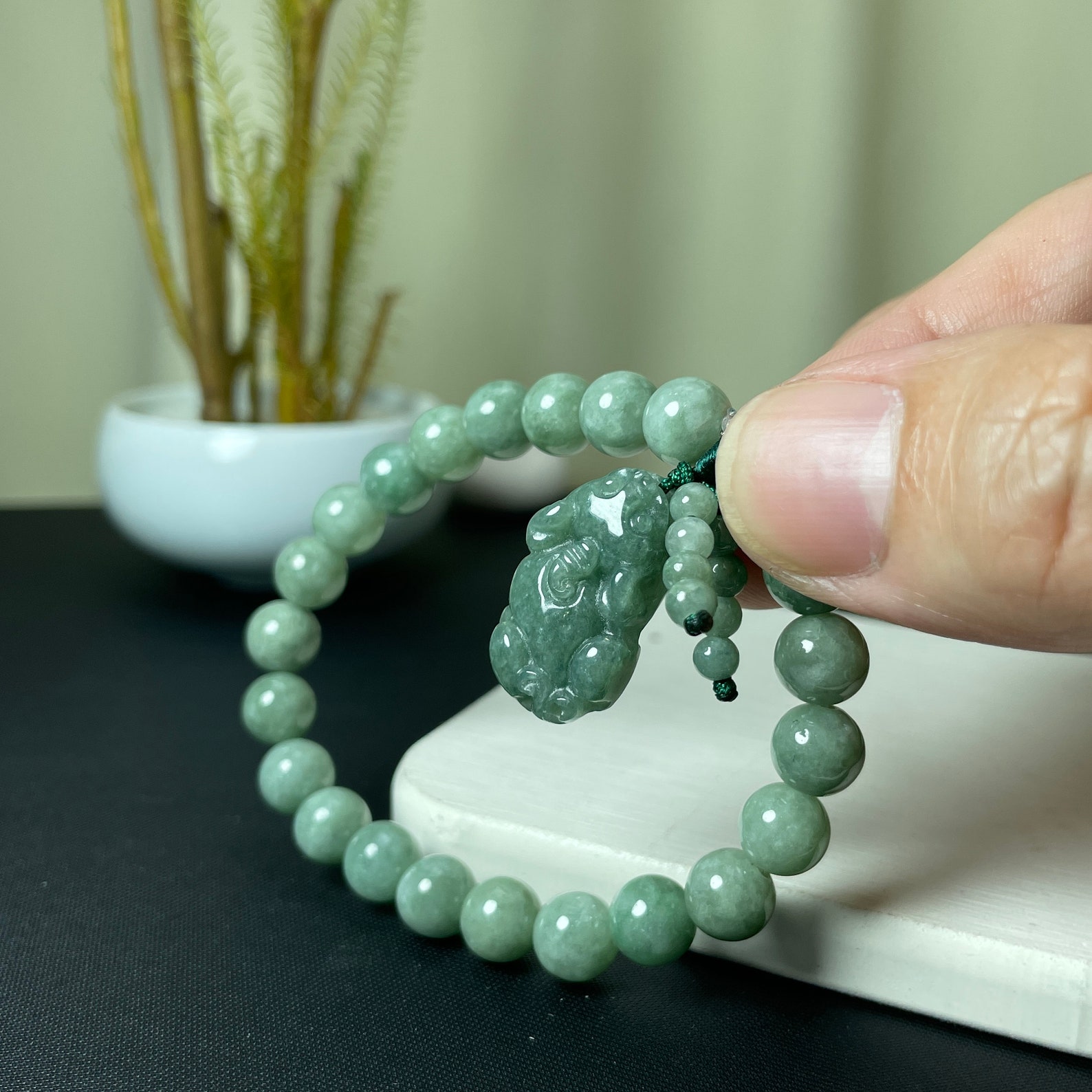 Real Jade Pixiu Bracelet, Green Jade Beaded With Lucky Carving Piyao ...