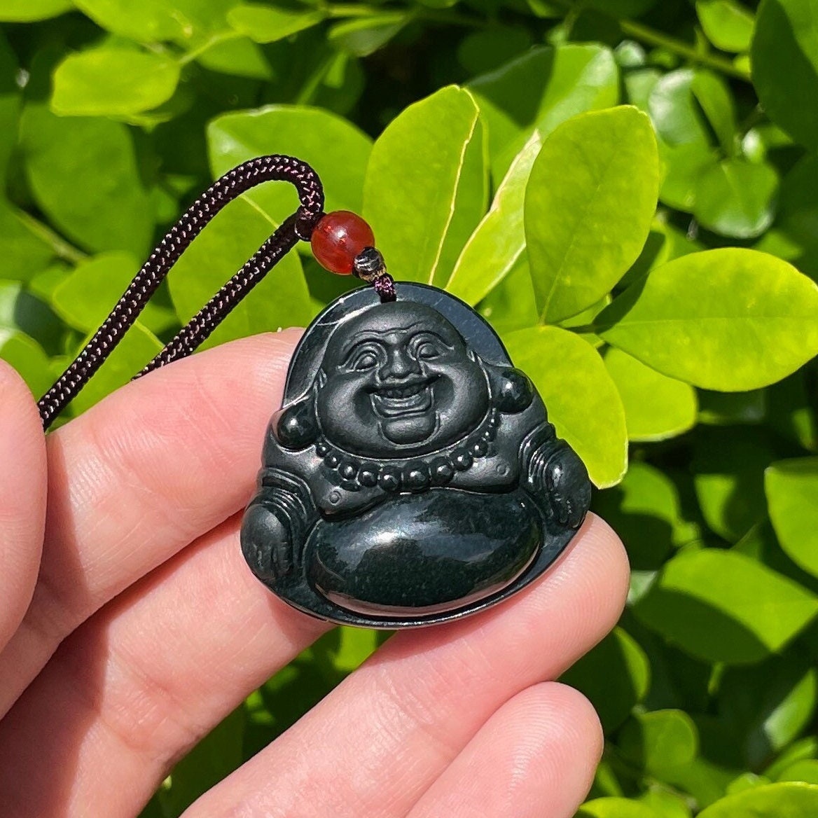 Natural Black Obsidian Guanyin Buddha Pendant Protection Necklace
