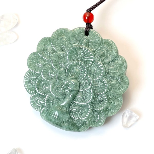 Authentic Green Jade Carving Peacock Pendant, Handcrafted Peafowl Necklace Jewelry, Women Mother Girl Best Gift, Genuine Untreated Jadeite