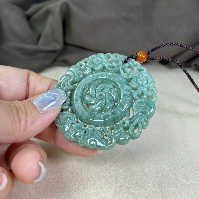 Real Green Jade Chinese Lucky Symbol Charm, Jellyfish Flower Necklace