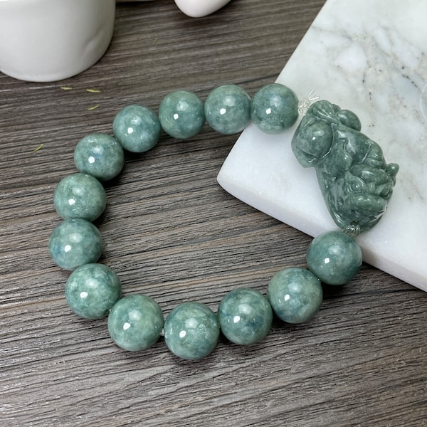 Jade Pixiu Bead Bracelet, Real Green Jade Piyao Beaded Bracelet, Lucky Carving Charm, Spiritual Jadeite Jade Jewelry, Gift Idea, Men Women