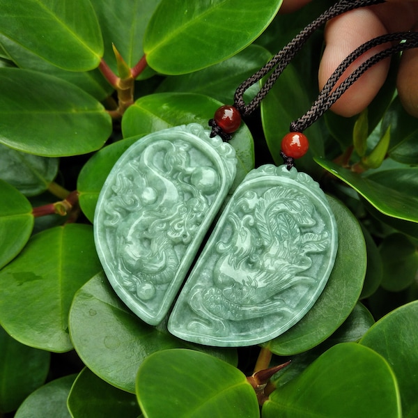 Authentic Grade A Green Jade Charm Necklace, Carving Dragon Phoenix Pair Pendant Amulet, Love Couple Pair Jadeite Jewelry Gift Men Women