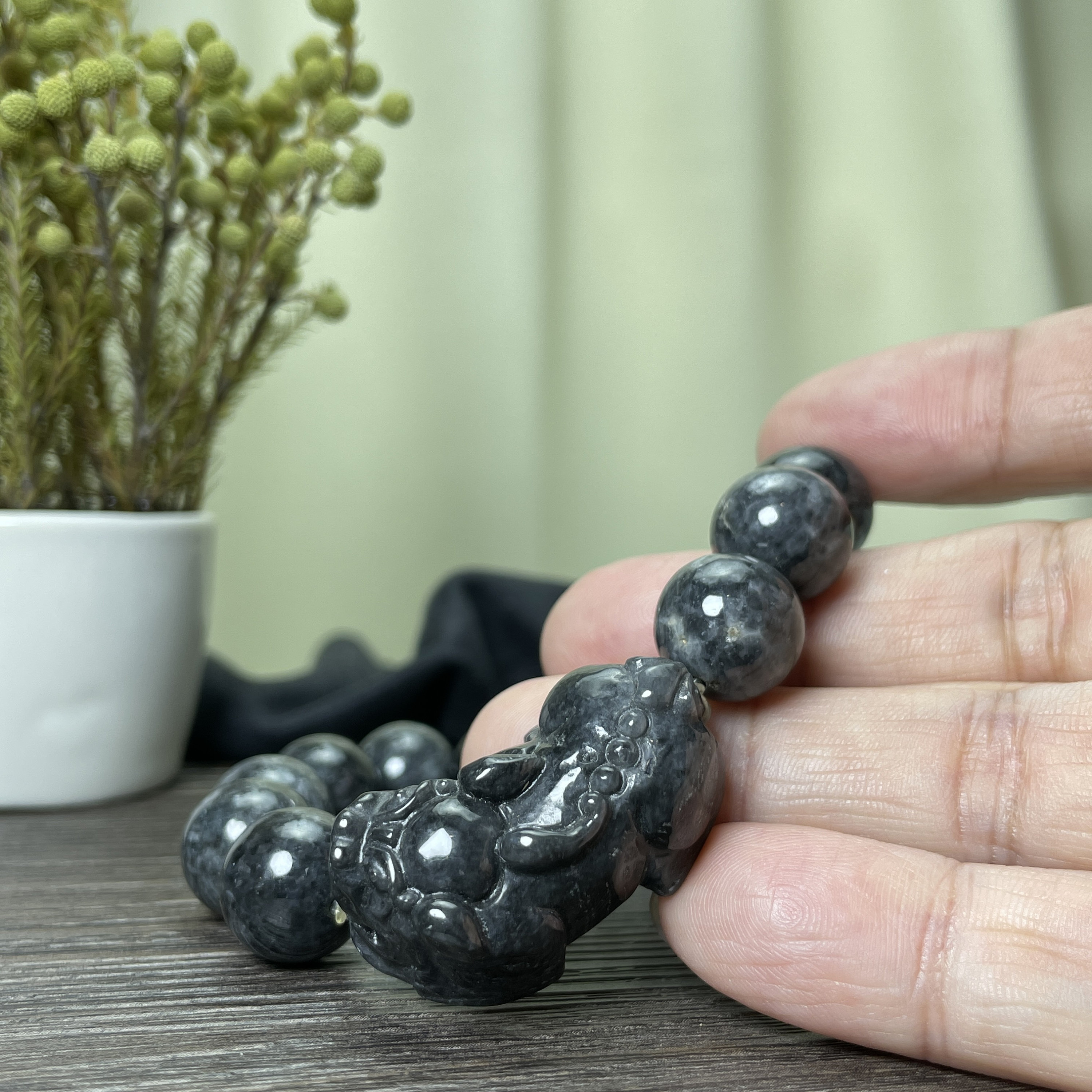 Pixiu Bracelet, Real Black Jade Beaded With Lucky Carving Piyao Charm ...