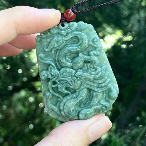 Year of the Dragon, Real Dragon Charm Necklace, Green Jade Pendant Men Jewelry, Big Lucky Chinese Carving Tag, Lunar New Year Gift Women