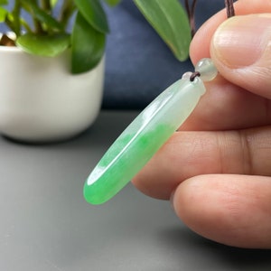 Natural Icy Green in Snow Jade Jewelry, Long Shape Beans Charm Necklace, Lucky Ruyi Stone Jadeite Pendant Gift, One of Kind Feicui Women Men