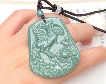 Real Green Jade Phoenix Carving Necklace, Mythical Bird, Symbol of Immortal Pendant, Detailed Hand Crafted Lucky Jadeite Charm, Men Women