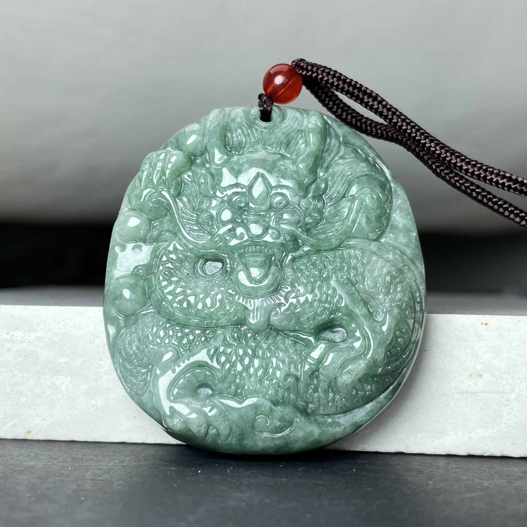 Authentic Pea Green Jade Dragon Necklace Chinese Antique Carving