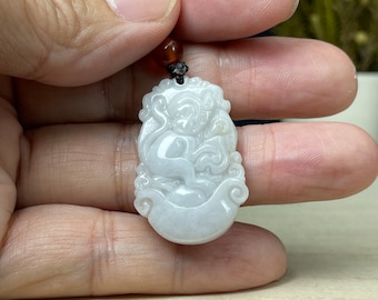 Real Authentic Jade Monkey Pendant, Chinese Zodiac Year of Monkey Necklace, Personalized Engraved Name Charm, Jadeite Jewelry Gift Men Women