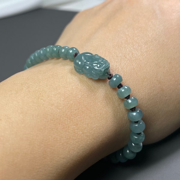 Bracelet jade Pixiu, Authentique bracelet jonc en jade avec perles vertes glaciales, Bracelet tresse chinoise de taille réglable, Bijoux porte-bonheur en jade, Homme Femme