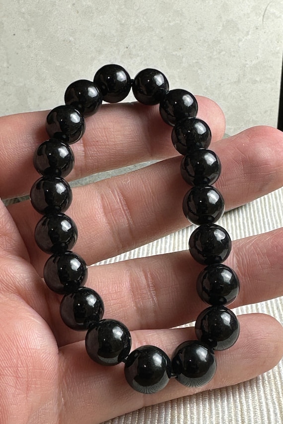 Black Jade Bracelet, Jadeite Beaded Wristband Bangle, Real Chinese