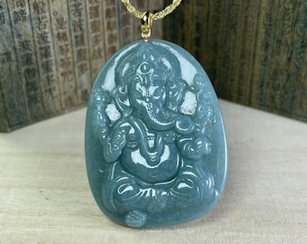 Jade Ganesha Statue Charm, Real Green Feicui Jadeite Elephant God Necklace, Religious Jewelry Pendant Good Luck Protection Gift, Women Men