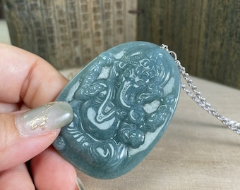 Jade Ganesha Statue Charm, Real Green Feicui Jadeite Elephant Lord Necklace, Religious Jewelry Pendant Good Luck Protection Gift, Women Men