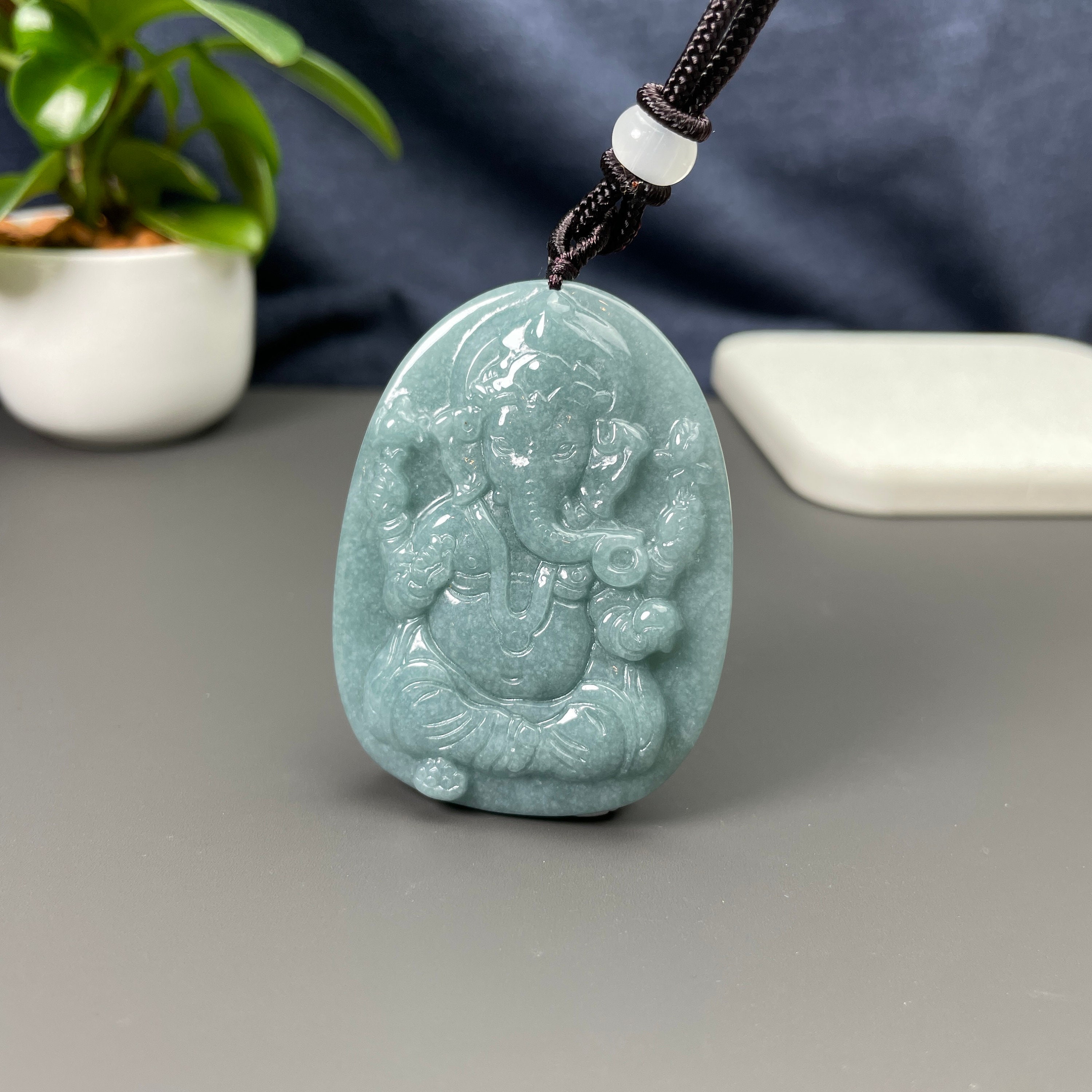 Jade Carving Ganesha Charm, Real Feicui Jadeite Elephant God Necklace ...