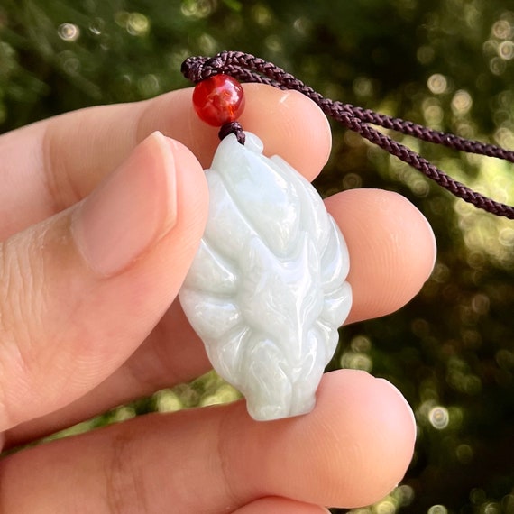 Jade Fox Pendant Necklace, Authentic Carve Kitsune White Jadeite