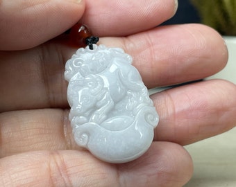 Real White Jade Ox Necklace, Personalized Engraved Named Pendant, Chinese Zodiac Year of Cow Charm, Grade A Jadeite Carving Gift Men Women