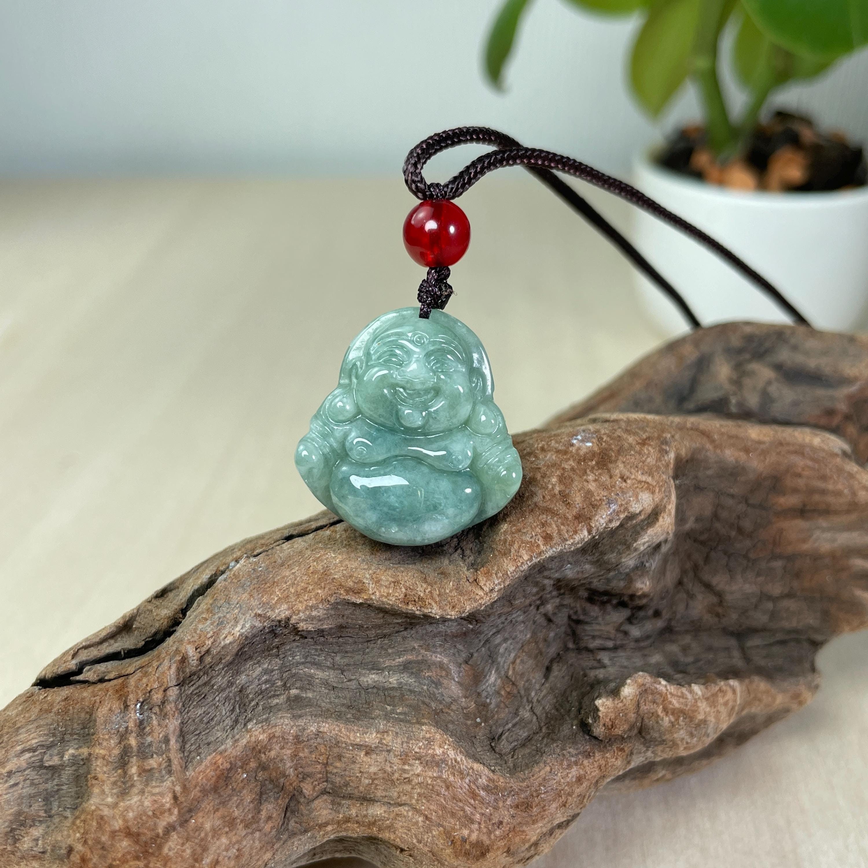 Real Small Jade Laughing Buddha Pendant: Carved Green Jadeite Happy Buddha Charm, image size:3000x3000
