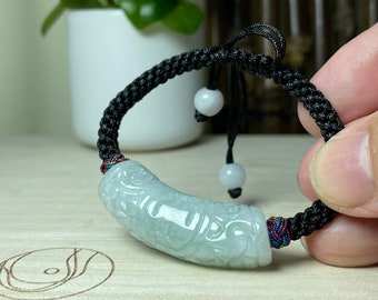 Authentic Jade Bracelet, Real Jadeite Carving Chinese Character Fu Armband, Adjustable Braided Wristbands, Adjustable Size, Women Men Gift